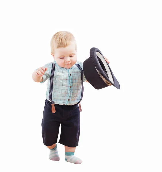 Bebê em chapéu preto, camisa e suspensóriosbebê em chapéu preto, camisa — Fotografia de Stock