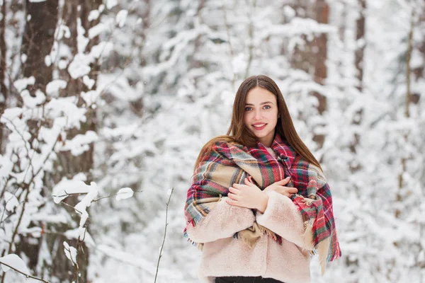 Красивая девушка в зимнем лесу — стоковое фото