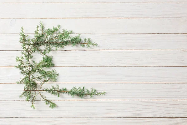 Jalovec větve na bílém dřevěném pozadí. Vánoce a nové — Stock fotografie