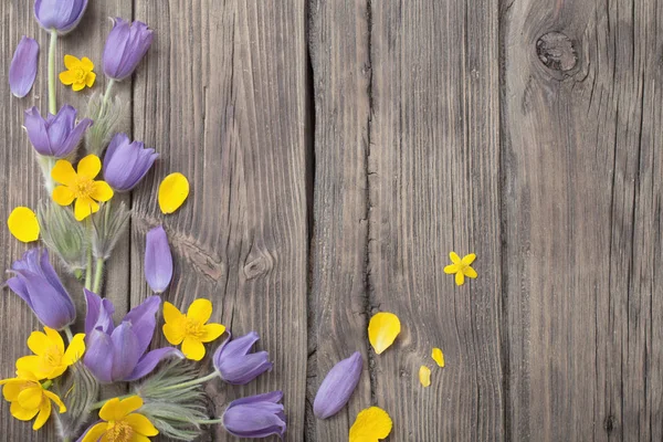 Primavera púrpura y flores amarillas sobre fondo de madera viejo — Foto de Stock