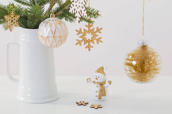 Modern Christmas sill life in jug with snowman on white backgrou — Stock Photo, Image