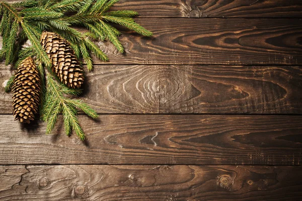Fir branches and cone on dark old wooden background — ストック写真