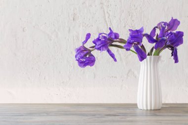 arka plan beyaz eski duvarda vazo içinde iris