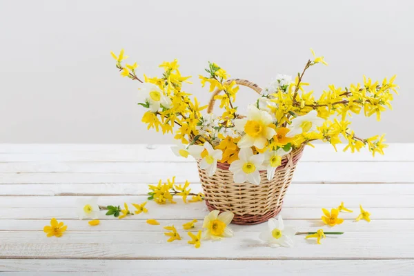 Flores da primavera na cesta no fundo branco — Fotografia de Stock