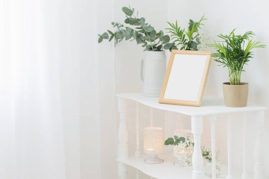 Çiçekler ve bitkilerle dolu beyaz rafta ahşap çerçeve