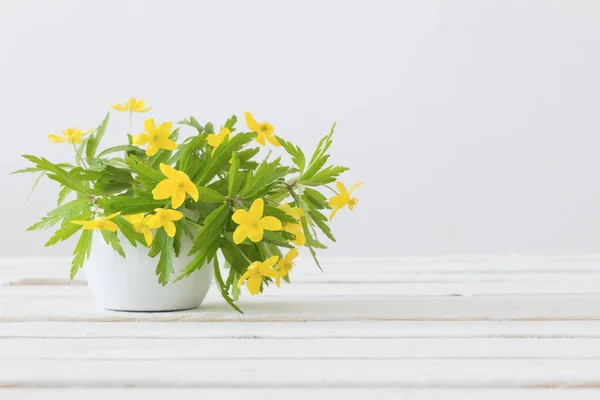 Flores amarillas de primavera en jarrón sobre fondo blanco —  Fotos de Stock