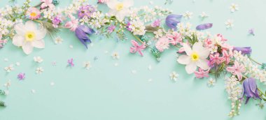 beautiful spring flowers on green paper background clipart