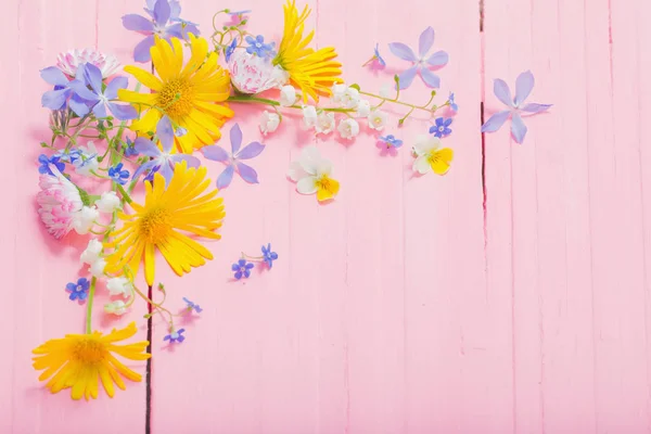 Cornice di bellissimi fiori su sfondo di legno rosa — Foto Stock