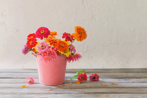 白い背景にバケツのジニアの花 — ストック写真