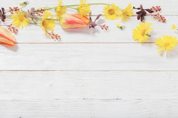 Blumen Auf Weißem Holzhintergrund — Stockfoto