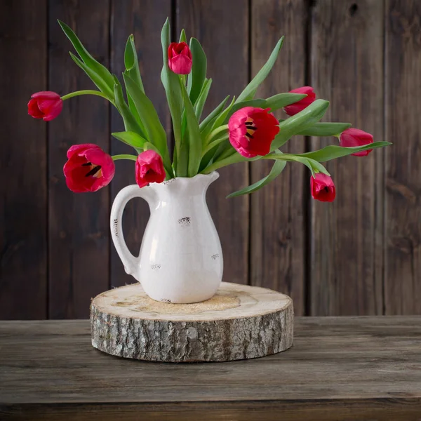 Bouquet Red Tulips Dark Old Wooden Background — Stock Photo, Image