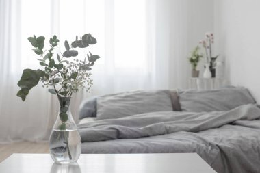 Beyaz yatak odasındaki cam vazoda okaliptüs.