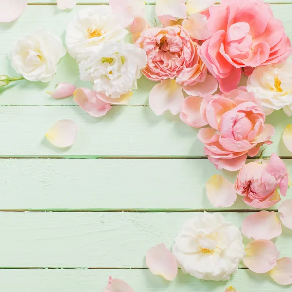 Rosas Rosadas Blancas Sobre Fondo Madera Verde —  Fotos de Stock