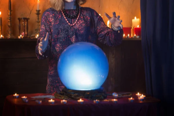 Young Woman Fortune Teller Illuminated Crystal Ball — Stock Photo, Image