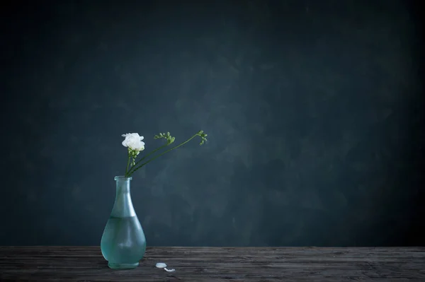 Біла Фрезія Скляній Вазі Темному Фоні — стокове фото
