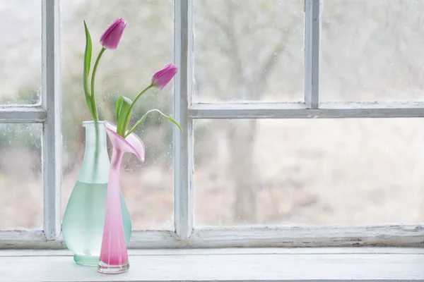 Pink Tulips Old White Windowsill — Stock Photo, Image