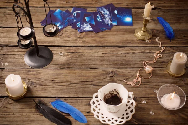 Fortune Telling Cup Coffee Fortune Telling Cards Old Wooden Table — Stock Photo, Image