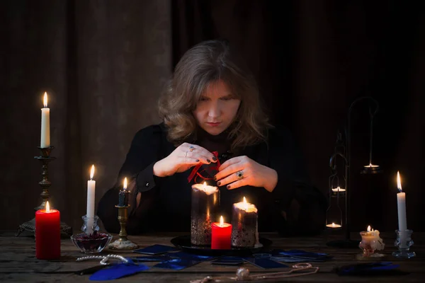 Mature Witch Conjures Dark Background — Stock Photo, Image