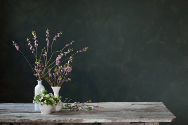 Arka planda güzel bahar çiçekleri karanlık duvarda