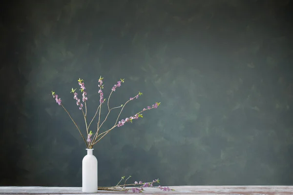 背景绿墙上的旧木桌上花瓶里的达芙妮花 — 图库照片
