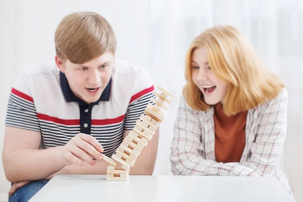 Brother Sister Build Tower Wooden Blocks — Stock Photo, Image