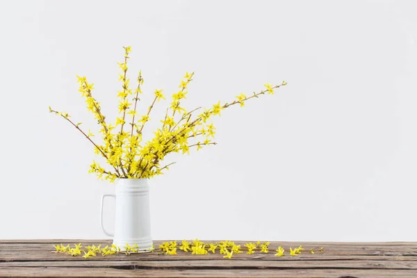 Primavera Fiori Gialli Brocca Bianca Sfondo Bianco — Foto Stock