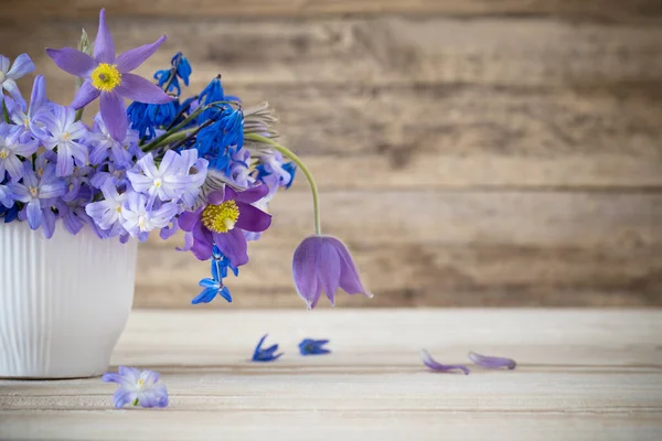 Blue Spring Flowers Old Dark Wooden Background — Stock Photo, Image