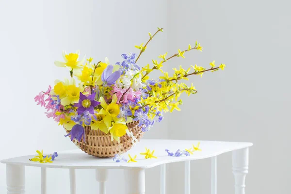 Spring Flowers Basket White Interior — Stock Photo, Image