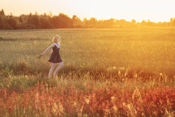 Tonåring Flicka Sommar Fältet Vid Solnedgången — Stockfoto