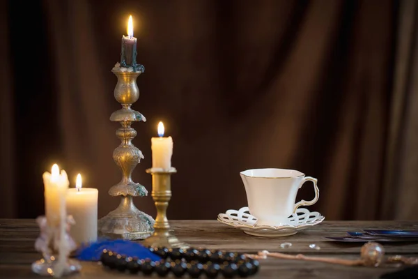 Fortune Telling Cup Coffee Fortune Telling Cards Old Wooden Table — Stockfoto