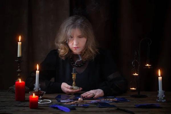 Mature Witch Conjures Dark Background — Stock Photo, Image