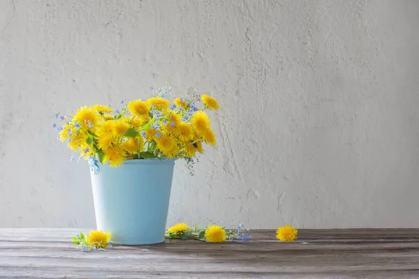 Paardebloemen Vergeet Nietjes Achtergrond Witte Muur — Stockfoto