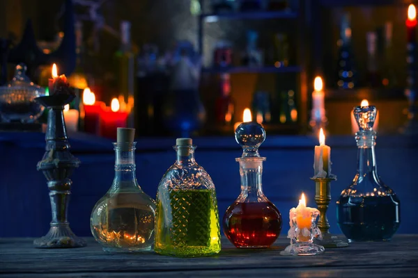 Magic Potions Bottles Wooden Background — Stock Photo, Image