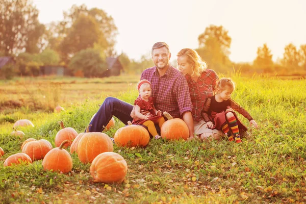 秋の畑にオレンジのカボチャを持つ幸せな家族 — ストック写真