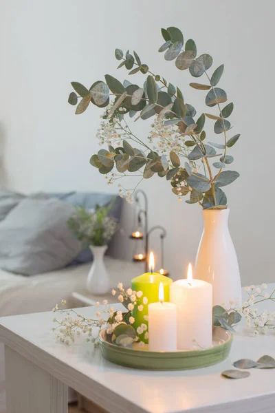 Burning Candles Eucalyptus Vase White Bedroom — Stock Photo, Image