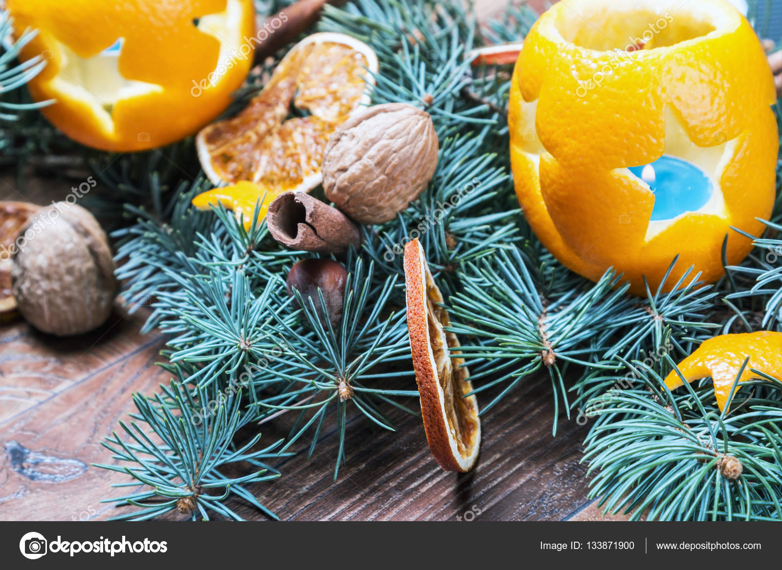 Oranges Pierced With Cloves Christmas Spices And Nuts Stock
