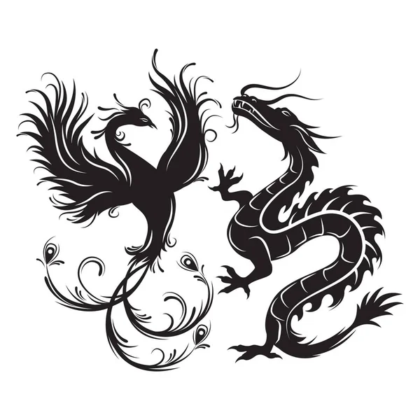 Silueta de ave fénix y dragón . — Archivo Imágenes Vectoriales