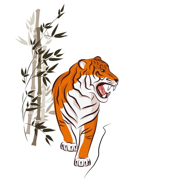 愤怒的老虎和竹树. — 图库矢量图片