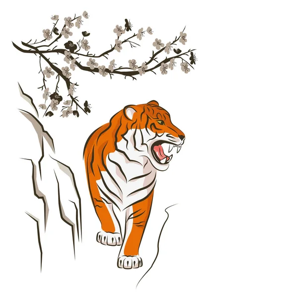 Angry tiger and Chinese plum tree. — Stock Vector