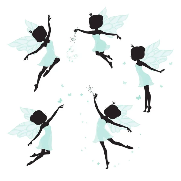 Set of silhouette of beautiful fairy. — Stock Vector