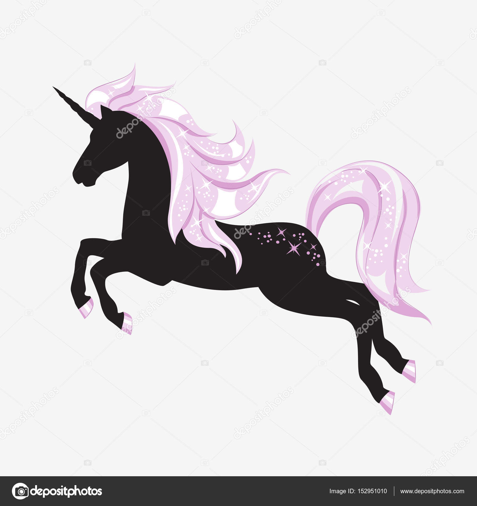 Siluetta di unicorno magico Il suo corpo ¨ di un colore nero e la sua criniera zoccoli la coda ¨ un colori rosa Disegnato a mano isolato su sfondo