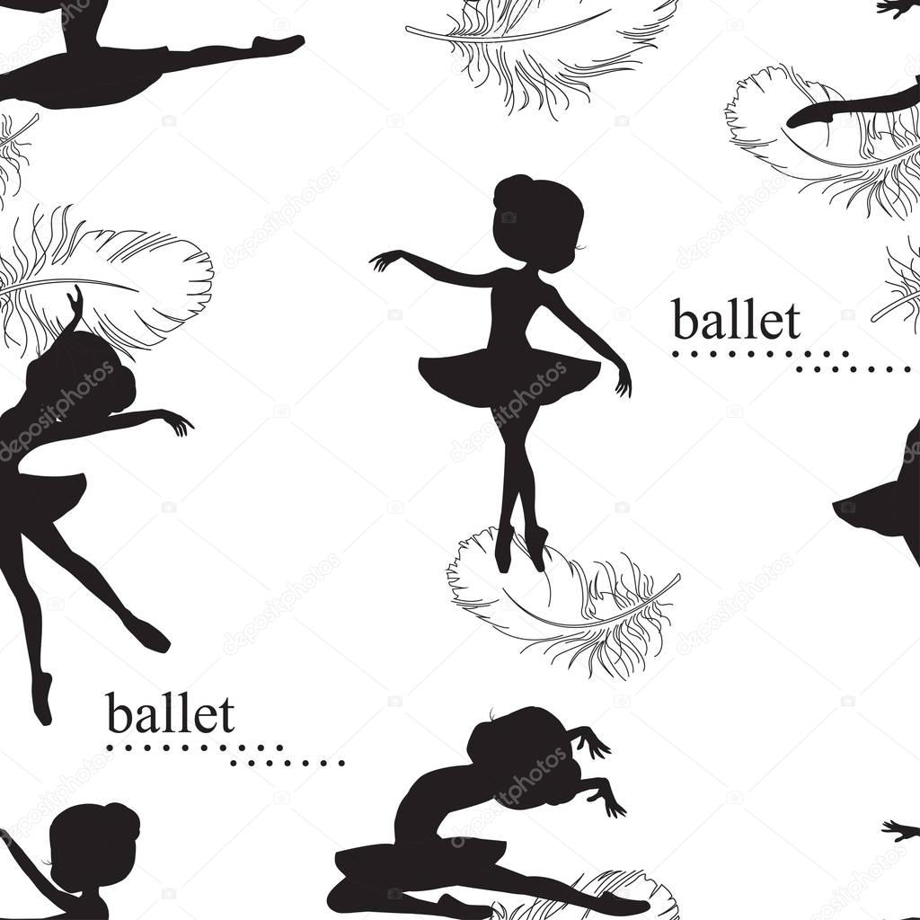 Seamless pattern with ballerinas and feather of swan on white background.