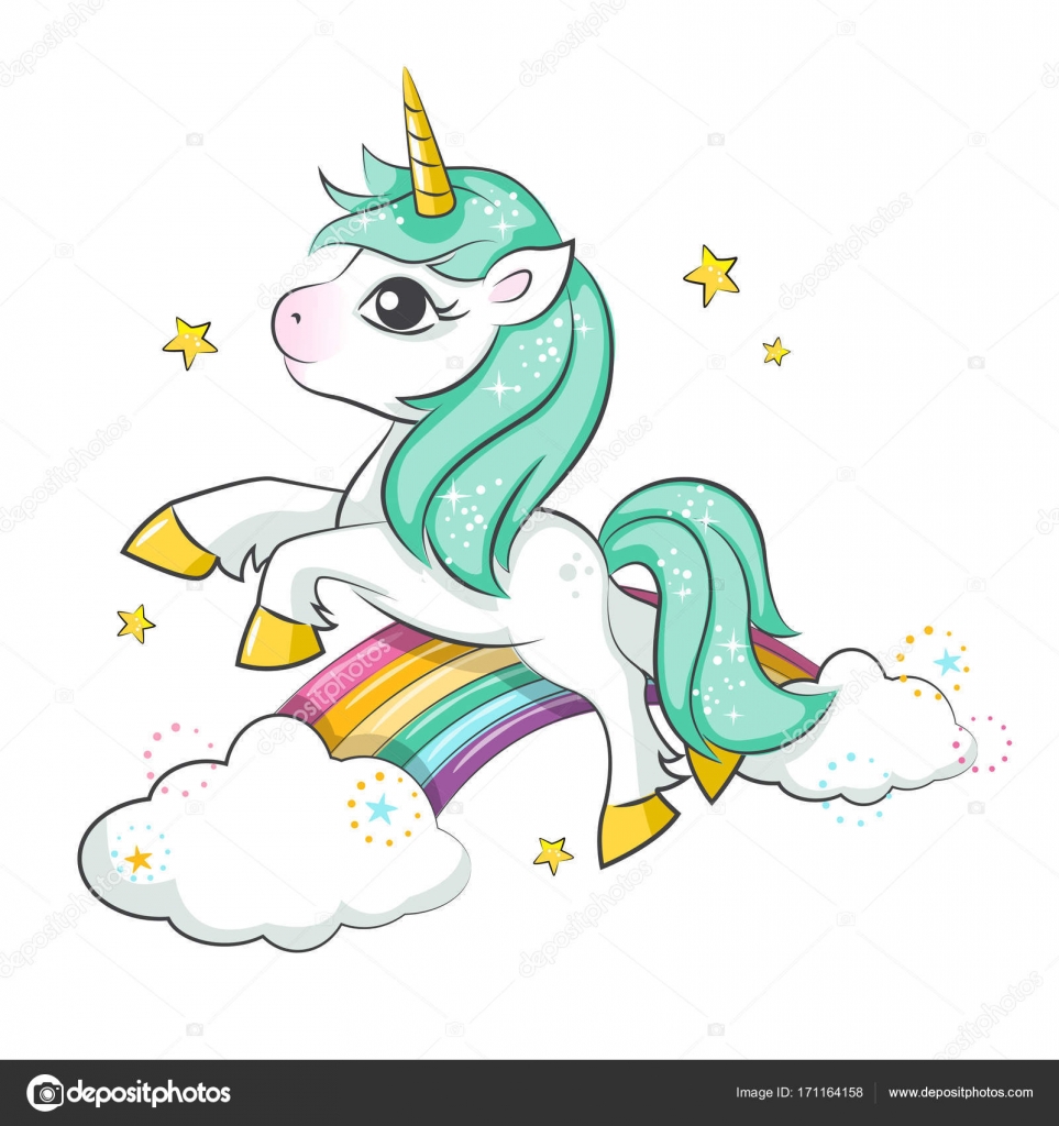 Unicorno magico sveglio e arcobaleno Disegno vettoriale isolato su sfondo bianco Stampa per t shirt o un adesivo Romantica mano illustrazione per bambini