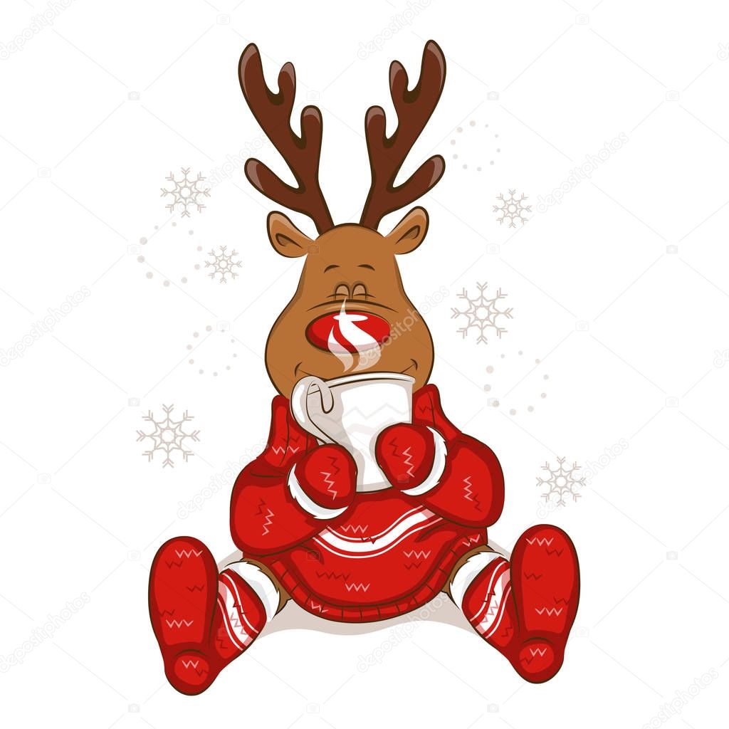 A cute Christmas reindeer sits. It's holds a mug with hot tea in his hands. From the mug there is steam. It's is wearing a warm knitted sweater and socks with ornament. Isolated. Vector for your design.