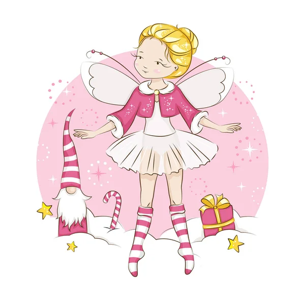 美丽的小仙女她是金发公主穿着芭蕾舞服跳舞 她穿的是圣诞图案的袜子和毛皮装饰的红色斗篷 在白色背景上的向量 — 图库矢量图片