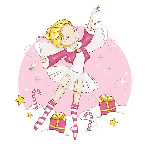 美しい小さな妖精 彼女は金髪です プリンセス バレリーナの衣装で踊る クリスマス パターンと靴下が着ている 毛皮のトリミングされて赤いマント 白い背景のベクトル — ストックベクタ