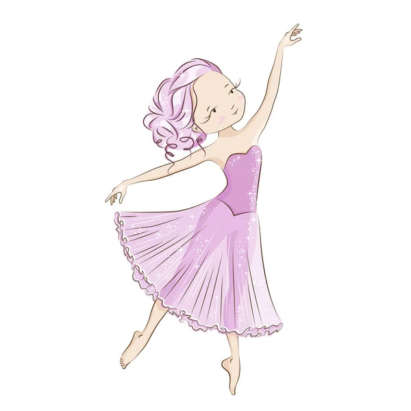 美丽的芭蕾舞演员在古典芭蕾舞短裙 优雅的小舞蹈家 那女孩赤脚跳舞 她穿着淡粉色的裙子在白色背景上隔离的手绘插图 — 图库矢量图片
