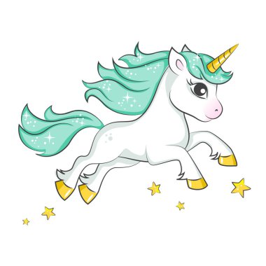 Şirin büyülü tek boynuzlu at. Beyaz arka plan üzerinde izole vektör tasarımı. T-shirt veya etiket için yazdırın. Romantik el çizim çocuklar için çizimi. 
