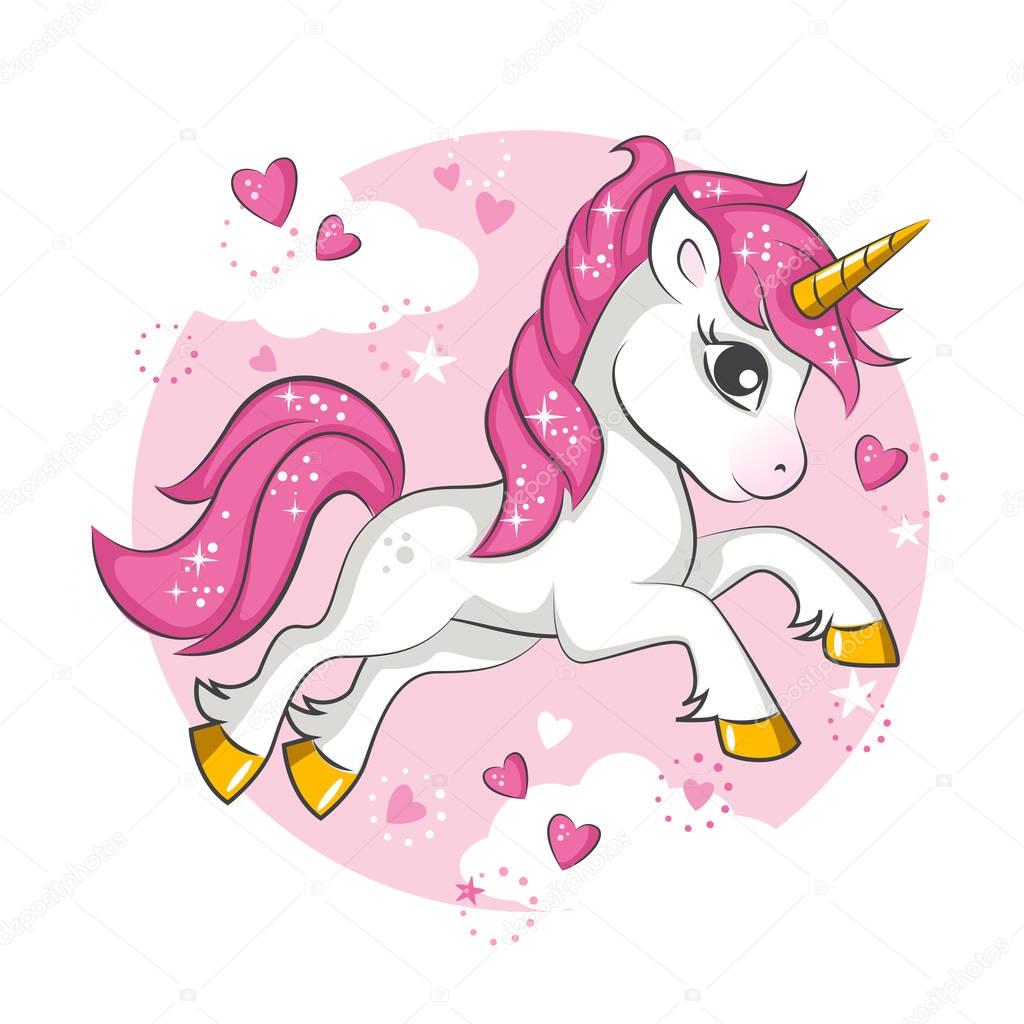 Lindo Unicornio Mágico Rosa Pequeña Diseño Vector Sobre Fondo Blanco