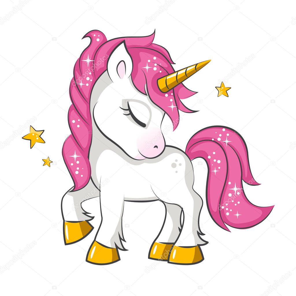 Lindo Unicornio Mágico Rosa Pequeña Diseño Vector Sobre Fondo Blanco